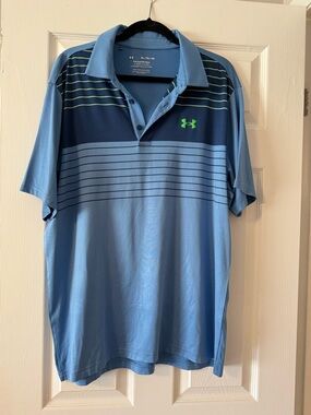 Under Armour Men’s Sky Blue Striped Performance Polo with Navy Accents
